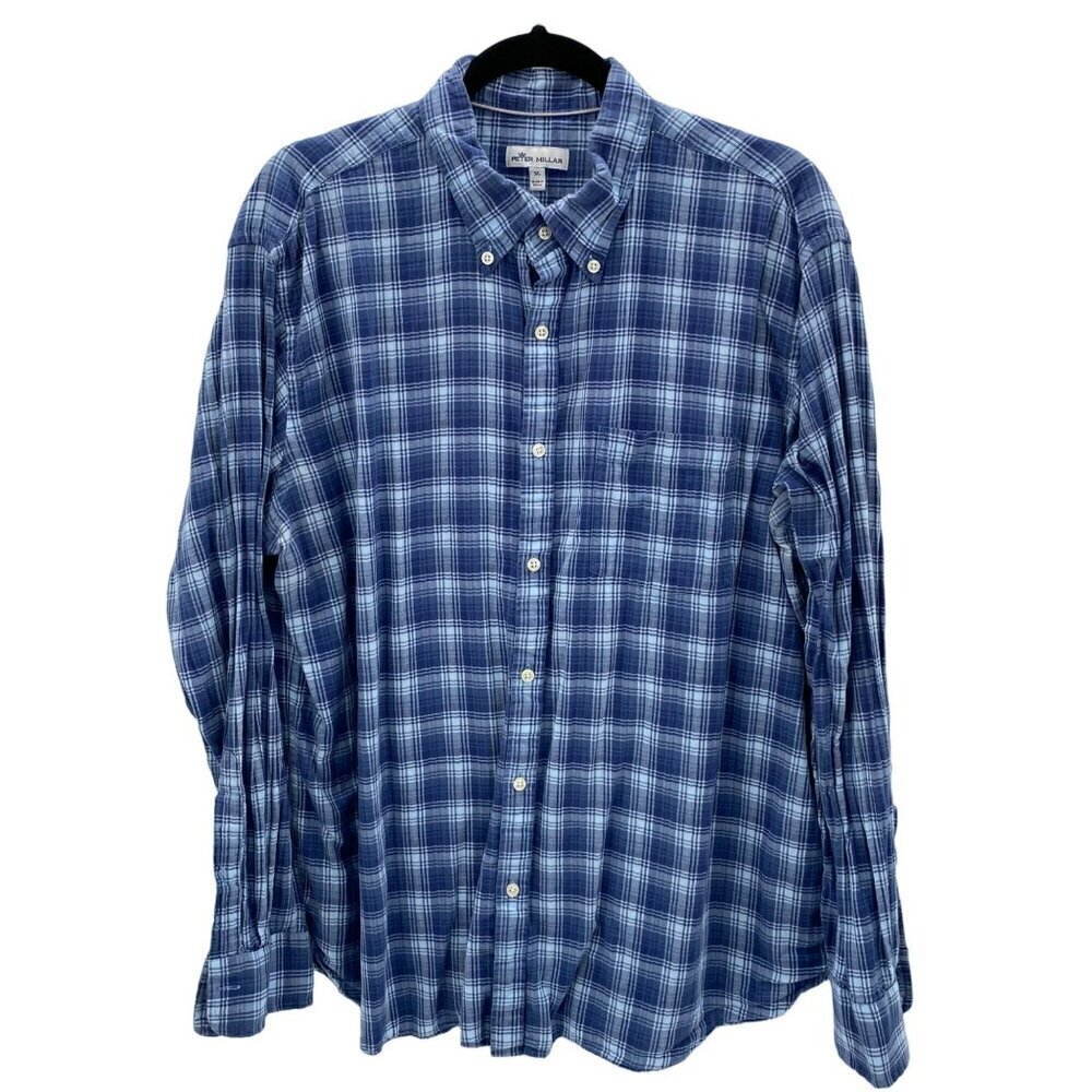 Peter Millar Button Down Long Sleeve Blue Plaid Shirt Men's Size XL